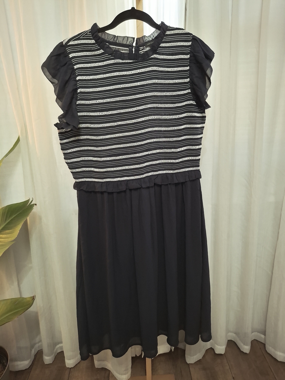 Ann Taylor Black and White Striped Bodice Midi Dress